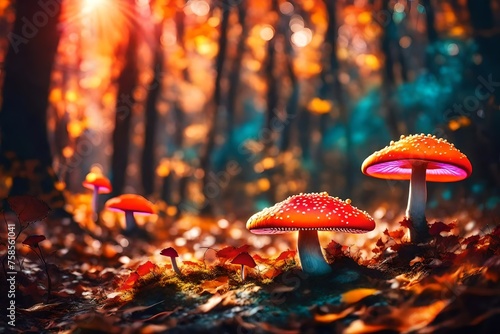 Magical glowing fantasy mushrooms in enchanted fairy tale dreamy forest. Neon glow autumn colors. copy space