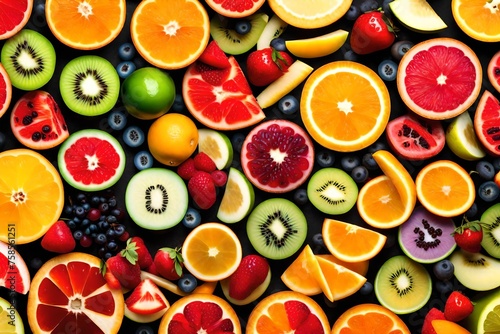 A detailed view of a variety of fruit slices. This image can be used to showcase the vibrant colors and freshness of different fruits. Ideal for food and beverage-related designs