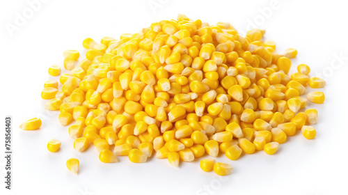 Pile of delicious yellow corn kernels seeds isolated on white background created with Generative AI Technology photo