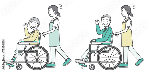 車椅子に乗って怒る高齢者と介助ををする介護士イラスト
