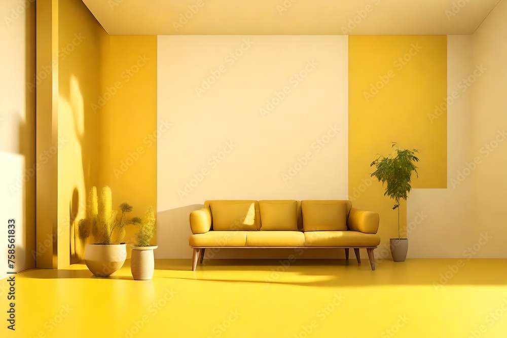 Minimal concept. interior of living yellow tone on yellow floor and background Minimal concept. interior of living yellow tone on yellow floor and background