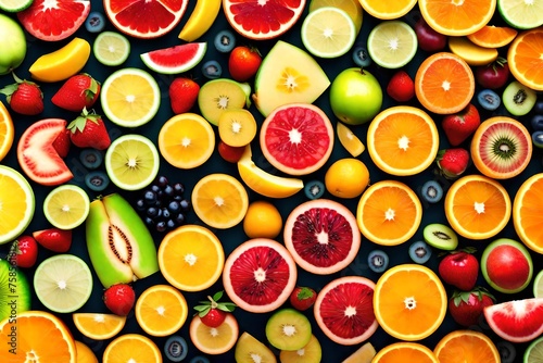 A detailed view of a variety of fruit slices. This image can be used to showcase the vibrant colors and freshness of different fruits. Ideal for food and beverage-related designs