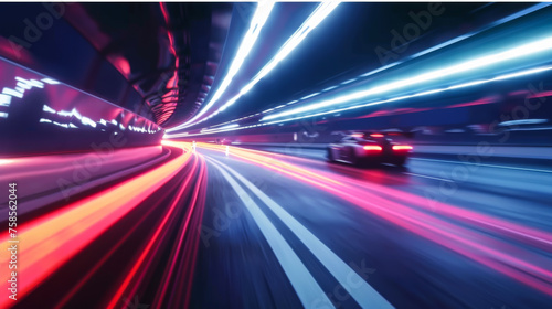 High-speed tunnel. Cars move quickly through an underground tunnel. Long exposure concept, bright illumination from car headlights.