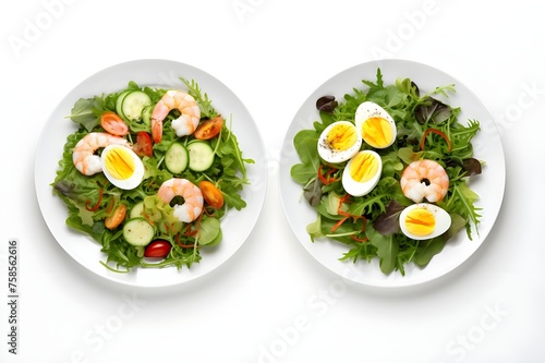 salad with eggs and prons, salad with eggs and vegetables, Vibrant Salad Spread, Top View of Rich Plates with Greens, Avocado, Eggs, Chicken, and Shrimp, Healthy Eating photo