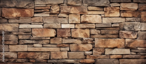 A detailed close up of a stone wall featuring brickwork made of different types of bricks  creating a unique facade for the building with a mix of composite materials and rectangular shapes