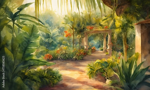 garden with palm trees. Watercolor painting wallpaper