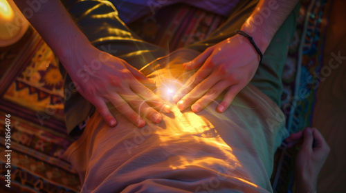 Hands hover over another persons abdomen, emitting a healing glow during a Reiki session. Holistic concept, manual therapy. Treatment of potency and diseases of the genitourinary system with.