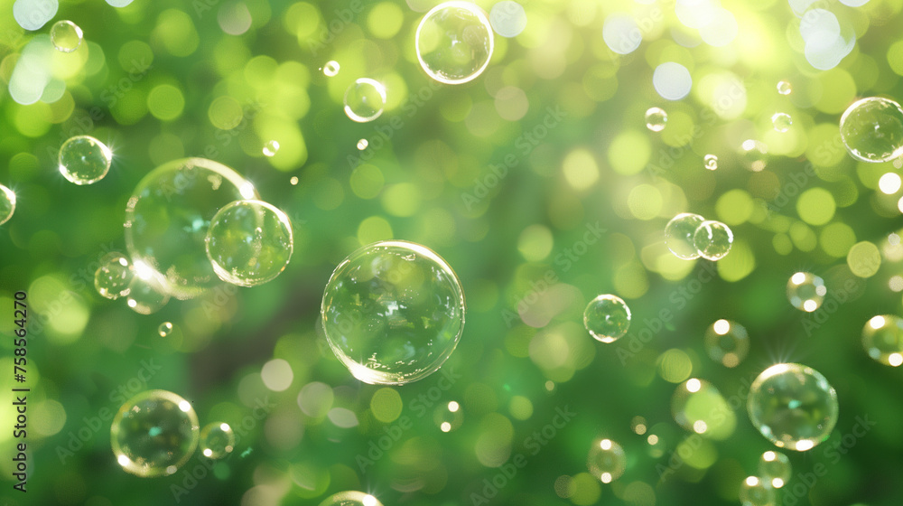 Multiple soap bubbles floating in the air on a sunny day, green backdrop with plants. Copy space. Backdrop, background.