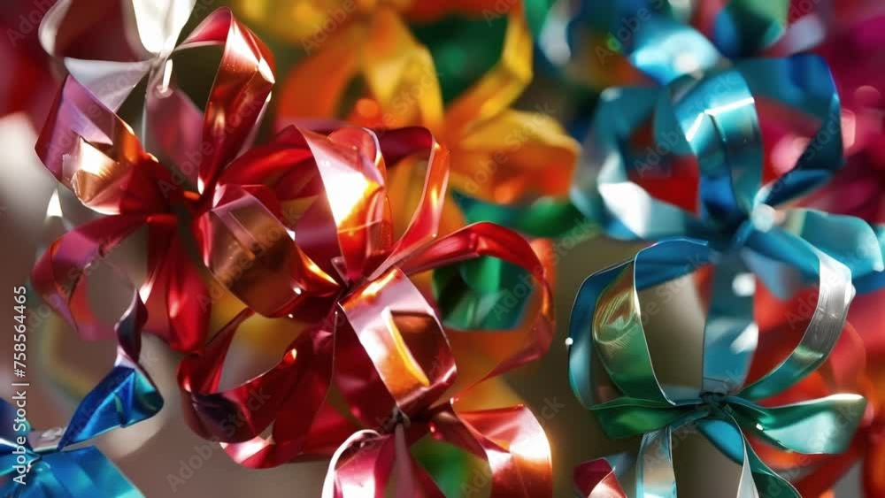 A macro shot of a delicate piece of jewelry made from and shaped aluminum cans featuring an array of bright and playful colors. A macro shot of a delicate piece of jewelry made from and shaped aluminum cans featuring an array of bright and playful colors.