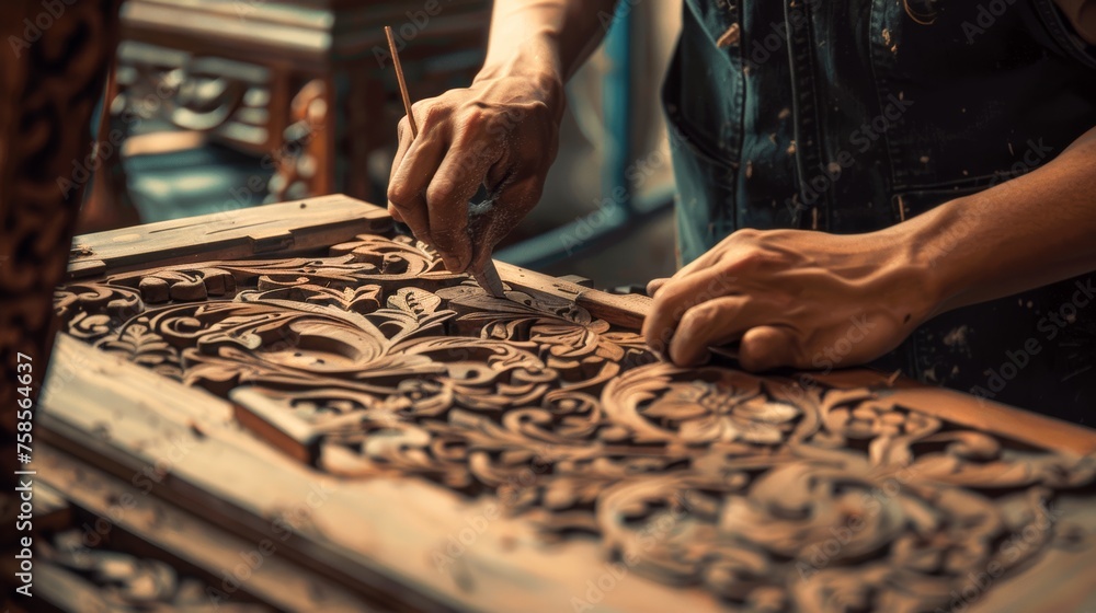 Obraz premium Create a hyper-realistic image of a traditional craftsperson working on a piece of intricate hand-carved wood furniture