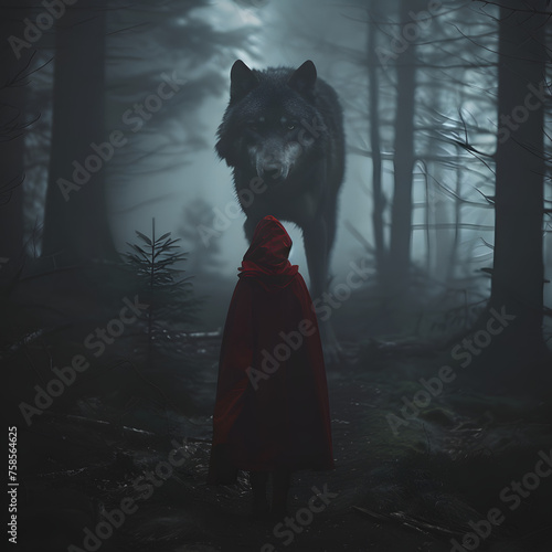Epic Illustration of Little Red Riding Hood and the Wolf generative ai