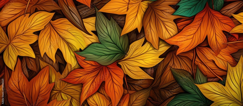 An array of vibrant autumn leaves, in shades of orange and tints of red, scattered on the ground like colorful petals from deciduous plants in a natural landscape An array of vibrant autumn leaves, in shades of orange and tints of red, scattered on the ground like colorful petals from deciduous plants in a natural landscape