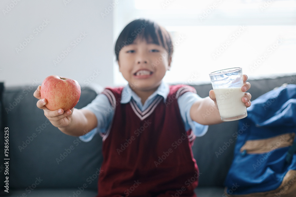 Schoolboy Showing Breakfast Food in The Morning, Apple and Milk, Before Going to School Schoolboy Showing Breakfast Food in The Morning, Apple and Milk, Before Going to School