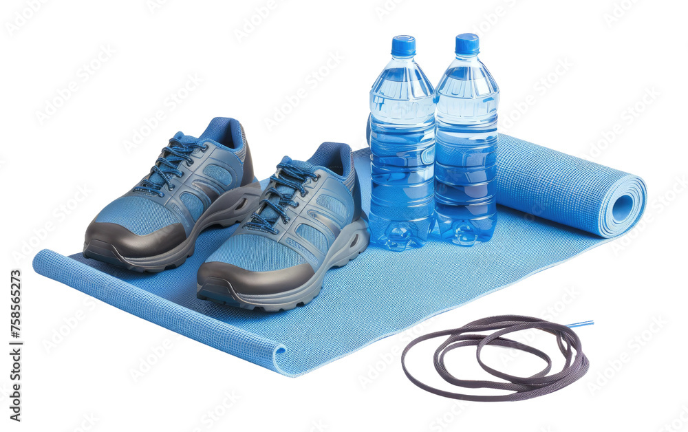 Workout Essentials: Mat, Water Bottle, and Shoes isolated on transparent Background
