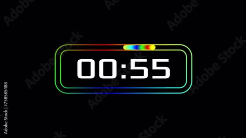 1 minute timer countdown animation. Colorful and vibrant digital timer. Transparent 4K Alpha Channel. Perfect for game shows, countdowns, virtual events.
