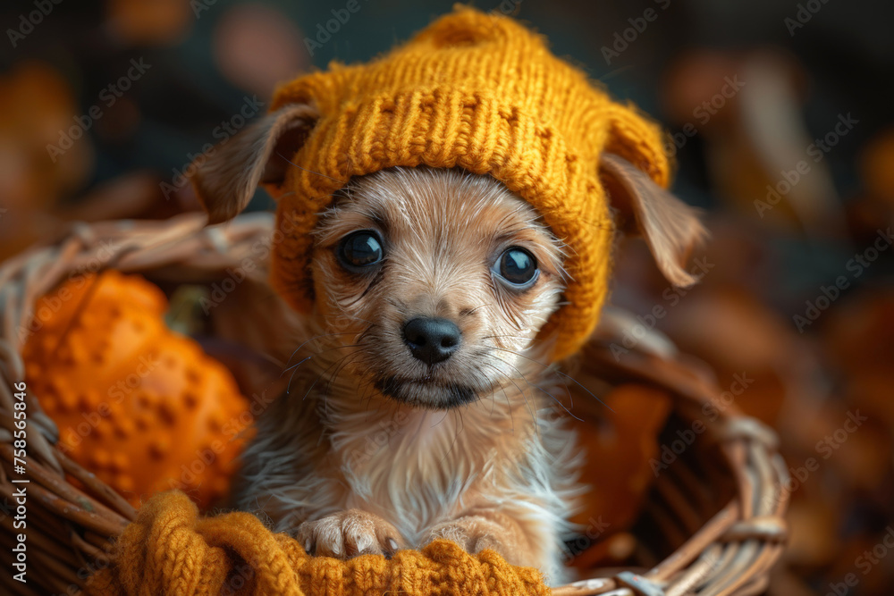 A cute funny puppy in a knitted orange hat is sitting in a basket with pumpkins. Autumn illustration for Halloween, Thanksgiving, autumn greeting cards.