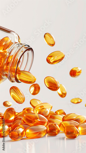 A bottle of fish oil omega-3 has spilled its contents on a surface, creating a mess, levitated. White Background. 