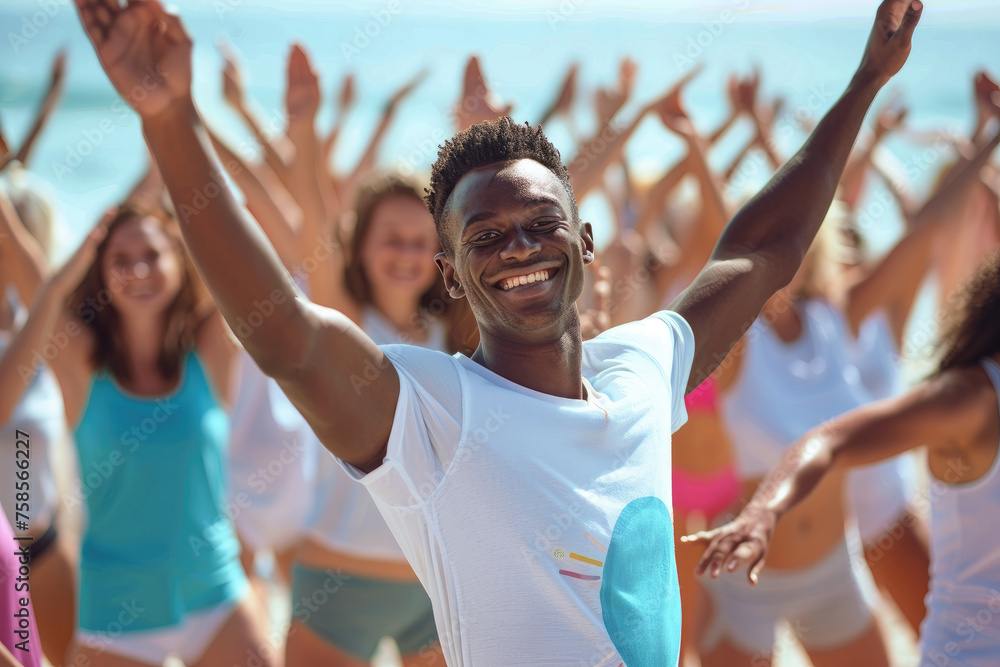 A group of people doing stretching exercises outdoors on the beach, with one man in a white t-shirt 