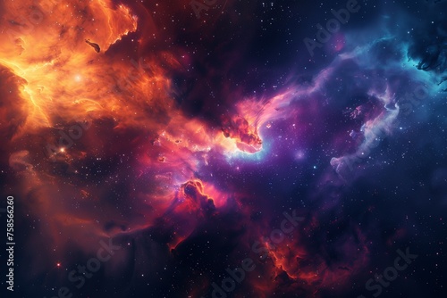 Picture of a nebula in space It features bright colors and swirling cosmic dust. © wpw