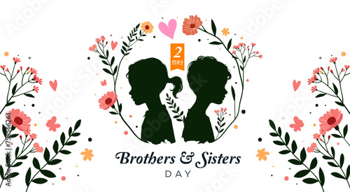 brothers and sisters day, may 2. illustration of the silhouette of a boy and girl with floral ornaments. Design for national day celebration. silhouettes of little boys and girls #758566263