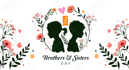 brothers and sisters day, may 2. illustration of the silhouette of a boy and girl with floral ornaments. Design for national day celebration. silhouettes of little boys and girls
