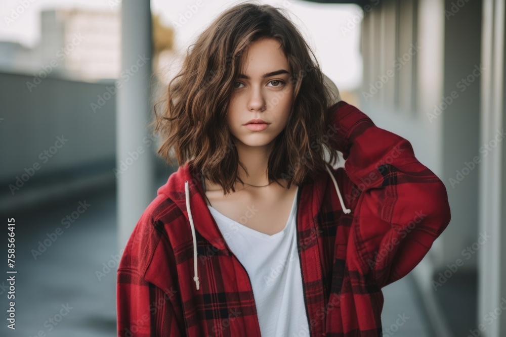 Portrait of a beautiful young woman in a red plaid jacket Portrait of a beautiful young woman in a red plaid jacket