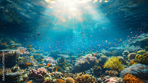 Coral reefs and fish, white light under the sea
