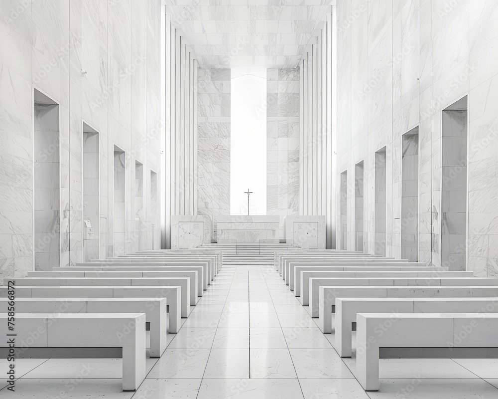 Stark beauty of a minimalist cathedral sanctuary with clean lines of marble architecture inviting contemplation - obrazy, fototapety, plakaty 