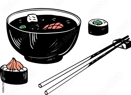 Asian miso soup bowl hand drawn vector set with plate chopsticks and sushi isolated on white 