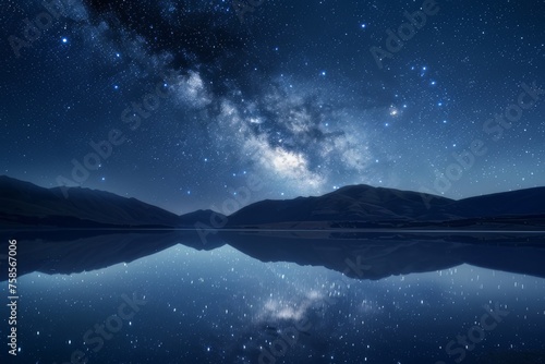 Image of the Milky Way arching over a tranquil mountain lake. You can see the reflection in the water against the clear night sky.