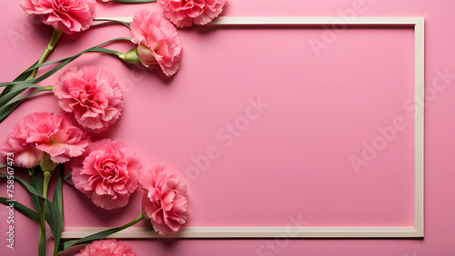 Carnation pink background with frame, suitable for Mother's Day, International Women's Day, and other similar celebrations. Space for text.