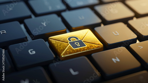 A computer keyboard featuring a golden padlock symbolizing security and protection of data, gold envelope with a lock. Background. photo