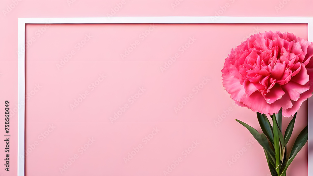 Carnation pink background with frame, suitable for Mother's Day, International Women's Day, and other similar celebrations. Space for text.