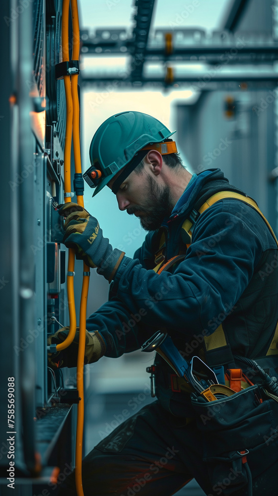 A technical engineer is working on a machine inside a factory, performing maintenance to ensure optimal functionality A technical engineer is working on a machine inside a factory, performing maintenance to ensure optimal functionality