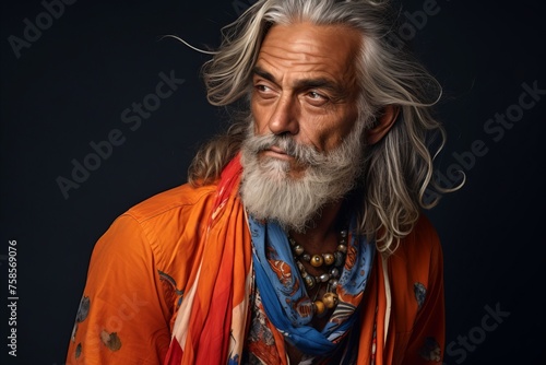 Portrait of an old man with long white beard and mustache in orange scarf.