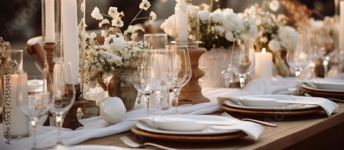 Table arrangement with napkin, foliage, wooden dinnerware, and glassware paired with vases of white blooms and candlelight