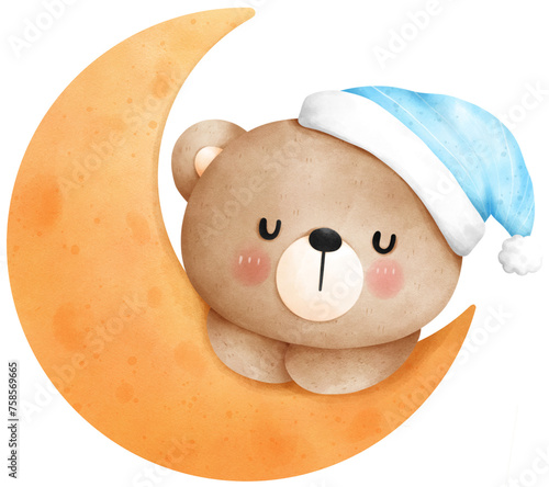 Cute teddy bear sleeping on the moon illustration © Ankochan Studio