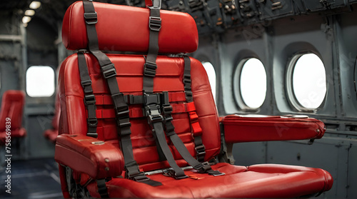 red seat with seatbelt for paratrooper or airborn forces in military transport aircraft cabin .Generative ai
 photo