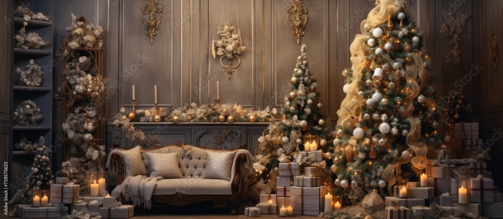 A cozy living room decorated for Christmas with a couch, fireplace, Christmas tree, presents, and festive sculptures. The room exudes warmth and holiday spirit