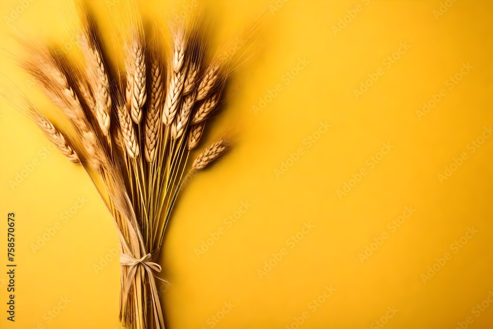 Dried wheat stalks bouquet on yellow background with space for text