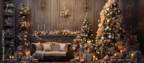 A cozy living room decorated for Christmas with a couch, fireplace, Christmas tree, presents, and festive sculptures. The room exudes warmth and holiday spirit © AkuAku