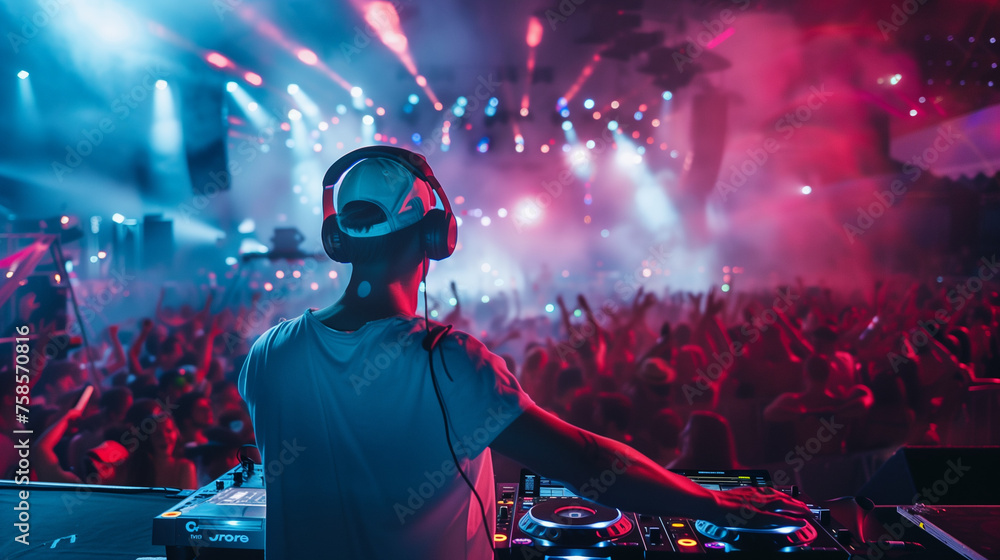 A DJ energetically mixes music on stage in front of a lively crowd at a concert, with colorful lights illuminating the scene. Copy space. Background.
