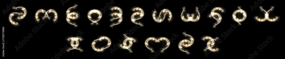 Elvish alphabet. Alien writing. Gold glowing letters on black background isolated. Elvish alphabet. Alien writing. Gold glowing letters on black background isolated.