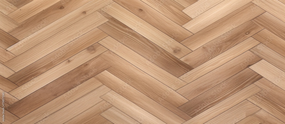 A closeup shot showcasing a herringbone pattern on a brown hardwood floor, highlighting the tints and shades of the wood stain used on each plank of plywood A closeup shot showcasing a herringbone pattern on a brown hardwood floor, highlighting the tints and shades of the wood stain used on each plank of plywood