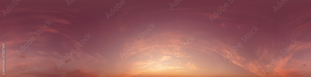 Obraz premium Dark magenta sunset sky panorama with pink Cirrus clouds. Seamless hdr 360 panorama in spherical equirectangular format. Full zenith for 3D visualization, sky replacement for aerial drone panoramas.