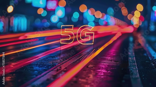 Text 5G, fifth generation of cellular technology, faster data speeds, lower latency, enhanced connectivity, and supports massive IoT deployments, revolutionizing communication photo