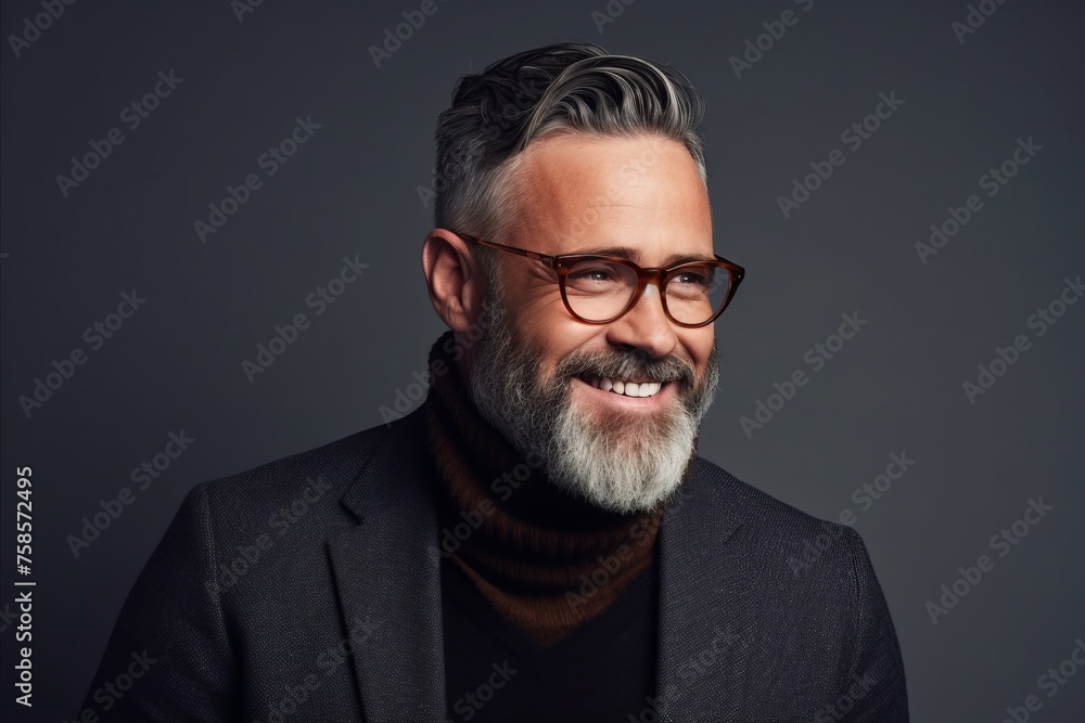 Portrait of a handsome middle-aged man in glasses and a black jacket over grey background. Portrait of a handsome middle-aged man in glasses and a black jacket over grey background.