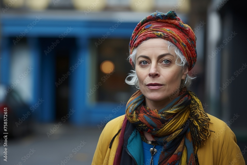 Portrait of a beautiful middle-aged woman with short gray hair and a colorful headscarf in the city