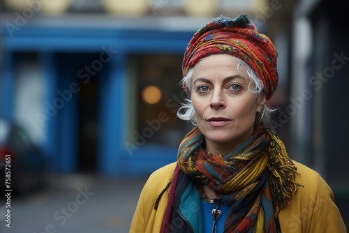 Portrait of a beautiful middle-aged woman with short gray hair and a colorful headscarf in the city