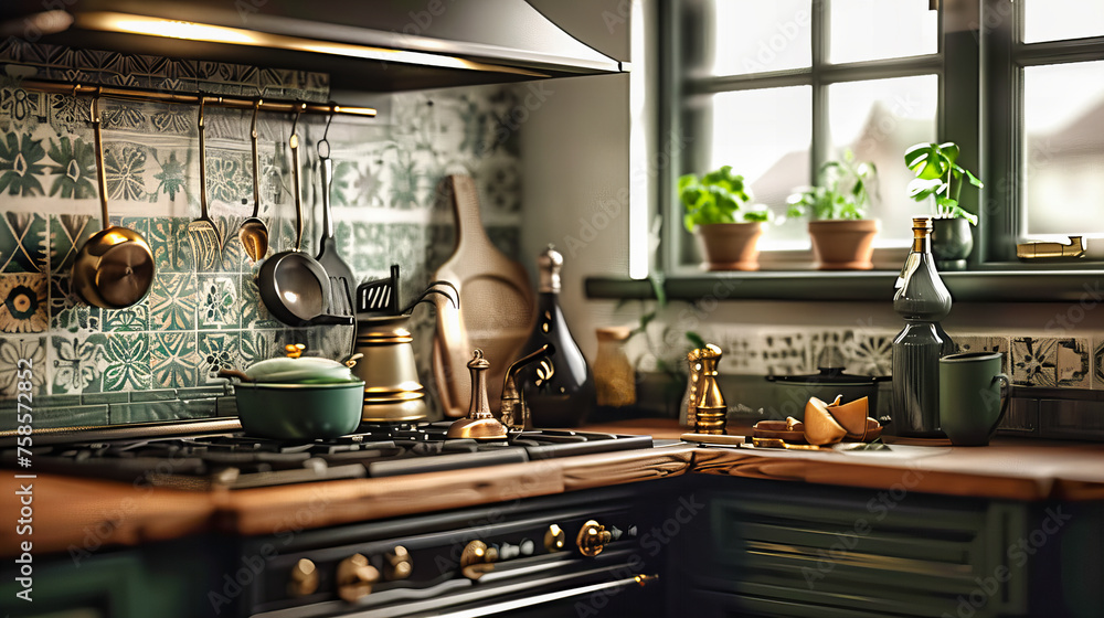 Cozy Home Kitchen Ready for a Culinary Adventure, Featuring a Modern Stove, Wooden Counters, and a Warm, Inviting Atmosphere Cozy Home Kitchen Ready for a Culinary Adventure, Featuring a Modern Stove, Wooden Counters, and a Warm, Inviting Atmosphere